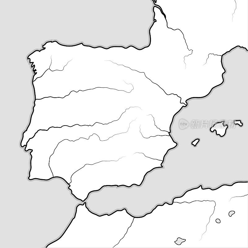 西班牙土地地图:西班牙，葡萄牙，伊比利亚，加利西亚，加泰罗尼亚，巴伦西亚，安达卢西亚，León, Aragón &卡斯蒂利亚，纳瓦拉，阿斯图里亚斯，巴斯克支付，Pyrénées。带有海岸线的地理图。